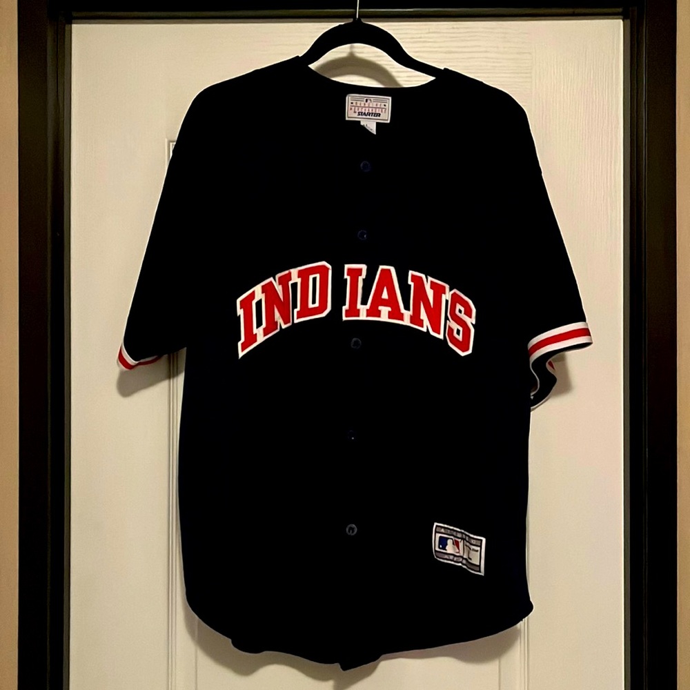 Starter brand CLE Indians athletic apparel front button shirt, navy, size L